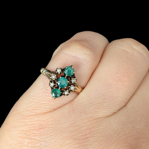 c.1800s Antique Green Gemstone Pearls 9k Yellow Gold Ring Victorian Estate Gift