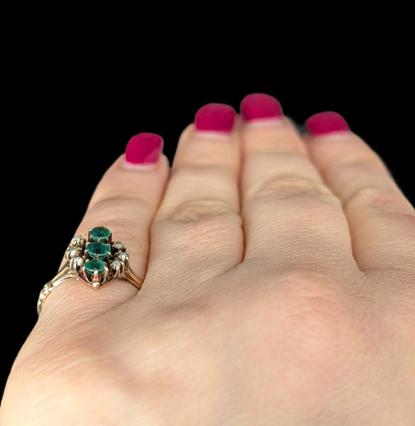 c.1800s Antique Green Gemstone Pearls 9k Yellow Gold Ring Victorian Estate Gift