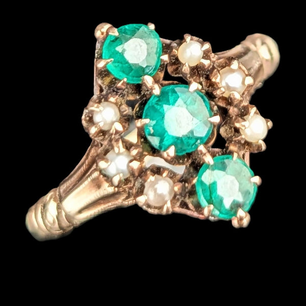 c.1800s Antique Green Gemstone Pearls 9k Yellow Gold Ring Victorian Estate Gift