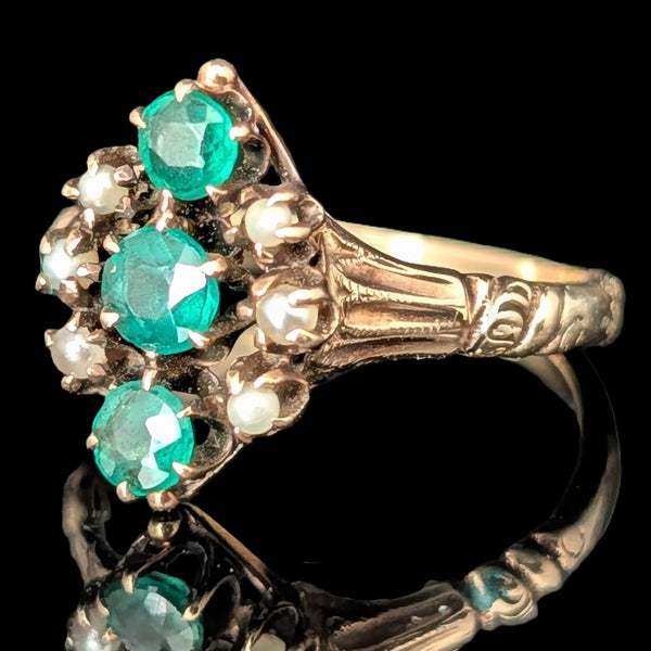 c.1800s Antique Green Gemstone Pearls 9k Yellow Gold Ring Victorian Estate Gift