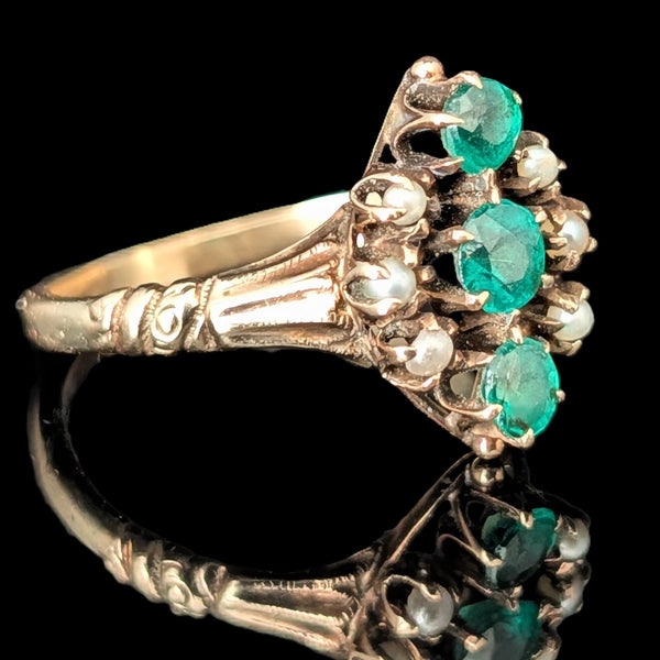 c.1800s Antique Green Gemstone Pearls 9k Yellow Gold Ring Victorian Estate Gift