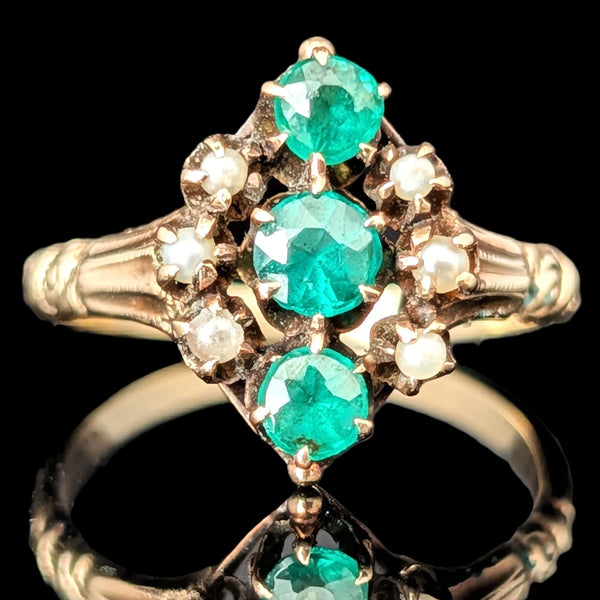 c.1800s Antique Green Gemstone Pearls 9k Yellow Gold Ring Victorian Estate Gift