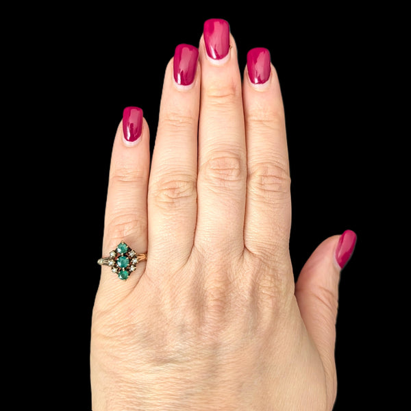 c.1800s Antique Green Gemstone Pearls 9k Yellow Gold Ring Victorian Estate Gift