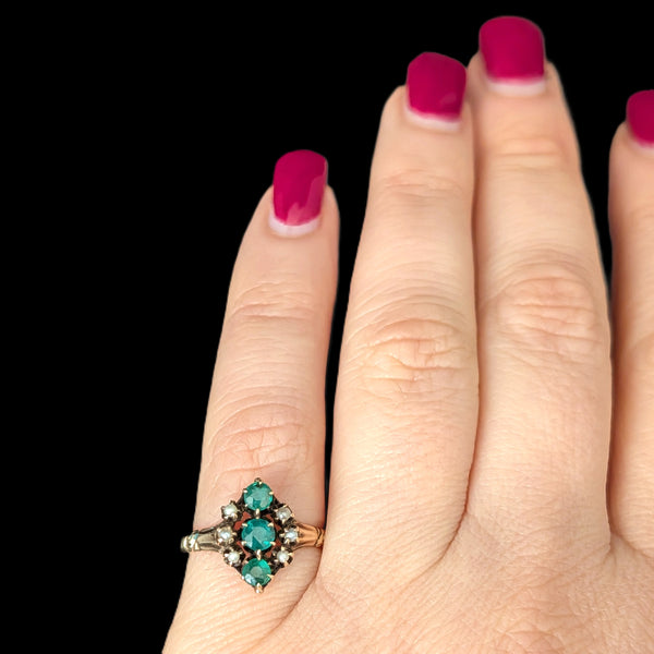 c.1800s Antique Green Gemstone Pearls 9k Yellow Gold Ring Victorian Estate Gift