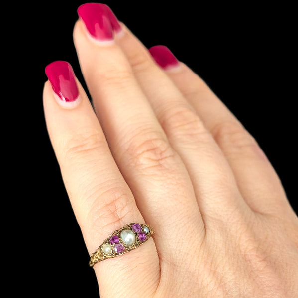 c.1800s Antique Old Cut Pink Sapphires Pearls 16k Yellow Gold Ring Georgian Gift