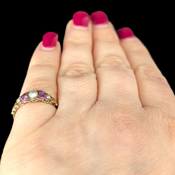 c.1800s Antique Old Cut Pink Sapphires Pearls 16k Yellow Gold Ring Georgian Gift