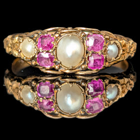 c.1800s Antique Old Cut Pink Sapphires Pearls 16k Yellow Gold Ring Georgian Gift