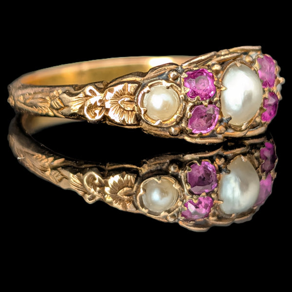 c.1800s Antique Old Cut Pink Sapphires Pearls 16k Yellow Gold Ring Georgian Gift