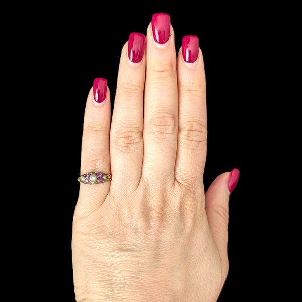 c.1800s Antique Old Cut Pink Sapphires Pearls 16k Yellow Gold Ring Georgian Gift