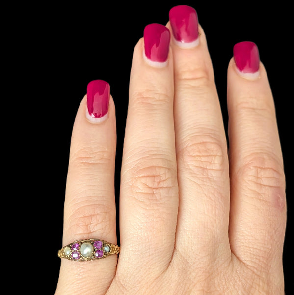c.1800s Antique Old Cut Pink Sapphires Pearls 16k Yellow Gold Ring Georgian Gift