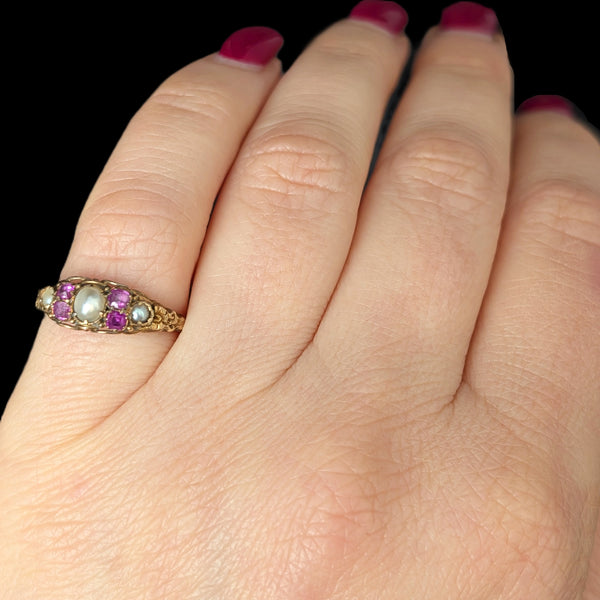 c.1800s Antique Old Cut Pink Sapphires Pearls 16k Yellow Gold Ring Georgian Gift