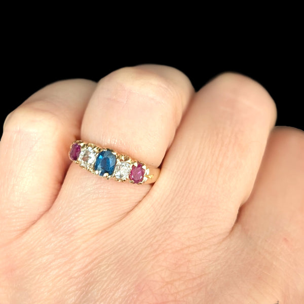 c1903 UK Antique Old Mine Cut Diamonds Rubies Sapphire 18k Yellow Gold Band Ring