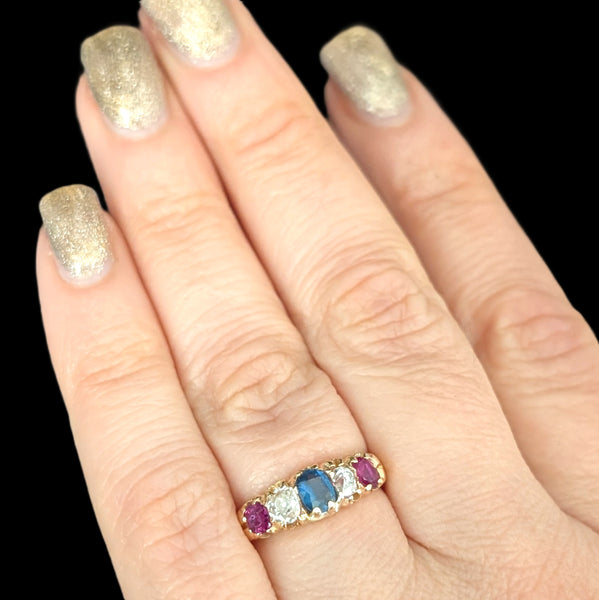 c1903 UK Antique Old Mine Cut Diamonds Rubies Sapphire 18k Yellow Gold Band Ring