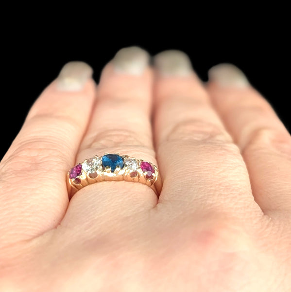 c1903 UK Antique Old Mine Cut Diamonds Rubies Sapphire 18k Yellow Gold Band Ring