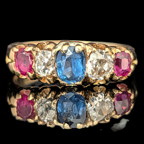 c1903 UK Antique Old Mine Cut Diamonds Rubies Sapphire 18k Yellow Gold Band Ring