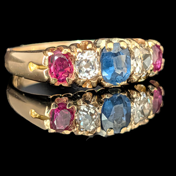 c1903 UK Antique Old Mine Cut Diamonds Rubies Sapphire 18k Yellow Gold Band Ring