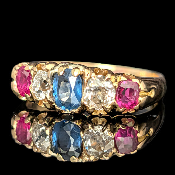 c1903 UK Antique Old Mine Cut Diamonds Rubies Sapphire 18k Yellow Gold Band Ring
