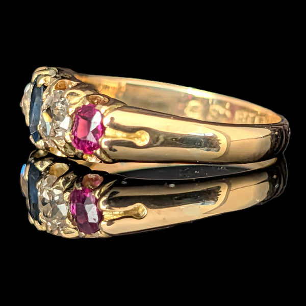 c1903 UK Antique Old Mine Cut Diamonds Rubies Sapphire 18k Yellow Gold Band Ring