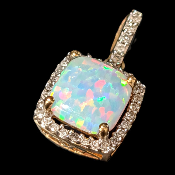 Estate Lab Created Opal Diamonds 10k Yellow Gold Pendant Vintage Gift