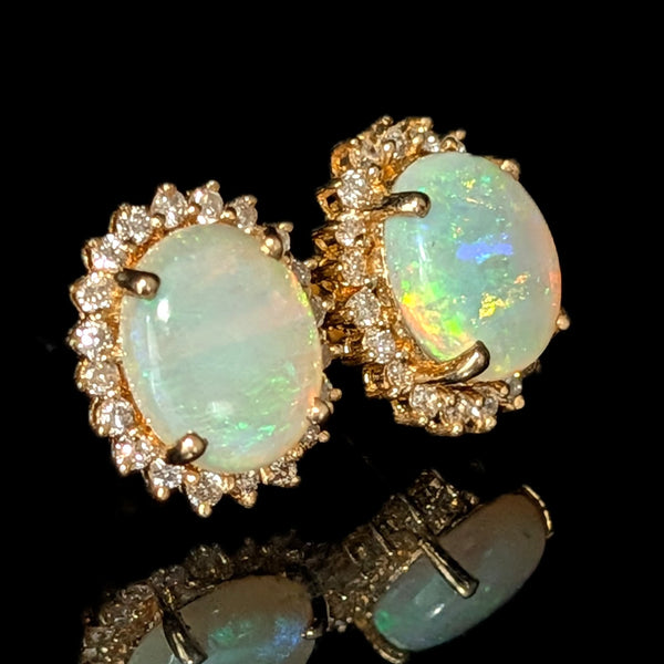 Miltown - Vintage Opal Diamonds 14k Yellow Gold Halo Earrings Posts Estate Jewelry Gift