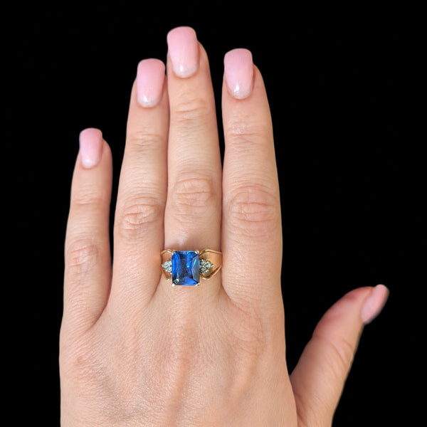 Vintage Lab Created Sapphire Diamonds 10k Yellow Gold Cocktail Ring Emerald Cut Estate