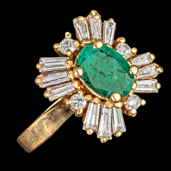 Vintage Emerald Natural Diamonds 14k Yellow Gold Ballerina Ring Baguette & Round
