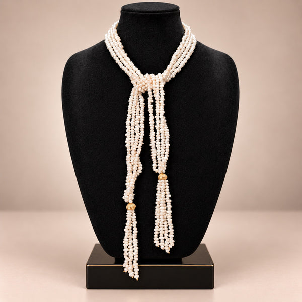 Vintage 43" 14k Yellow Gold Pearl Scarf Tassel Necklace Multi Strand Lariat