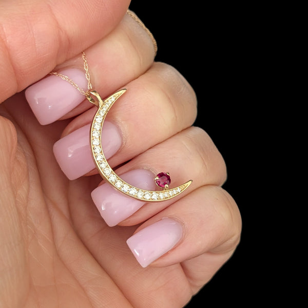 ORO ALEXANDER Crescent Moon & Ruby Star Pendant Diamonds 14k Yellow Gold Gift Layaway Available
