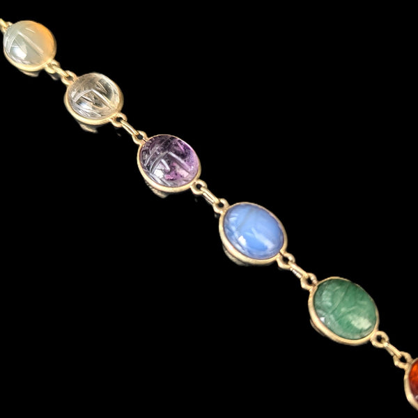 Vintage  Carved Gemstone Scarab Bracelet 14k Yellow Gold Bracelet Talisman Estate 