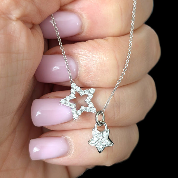 Estate Natural Diamond Star Necklace 18K 14K Gold with Dangle Star Charm Chain