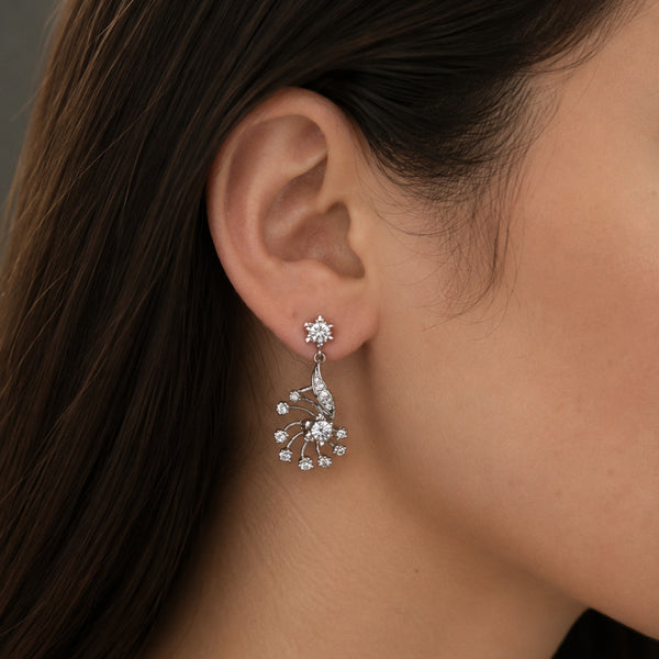 Wolfville - 1950s Vintage Diamonds 14k White Gold Floral Earrings