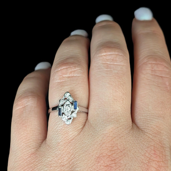 Art Deco Diamonds Lab Sapphires 14k White Gold Platinum Top Ring Vintage