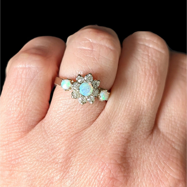 Vintage Opal Old European & RB Cut Diamonds 14k Yellow Gold Ring Estate Retro