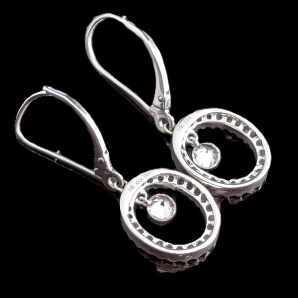 Estate Floating Natural Diamond Oval Dangle 14k White Gold Earrings Leverback from back