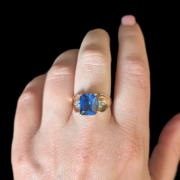 Vintage Lab Created Sapphire Diamonds 10k Yellow Gold Cocktail Ring Emerald Cut Estate