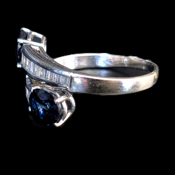 Vintage Sapphires Baguette Diamonds 18k White Gold Ring Bypass Estate Gift