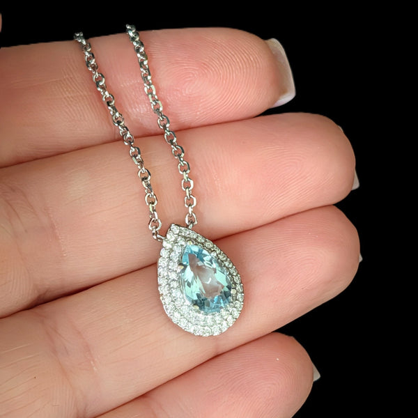 Vintage Pear Cut Aquamarine Diamonds 14k White Gold Necklace Pendant Chain Gift