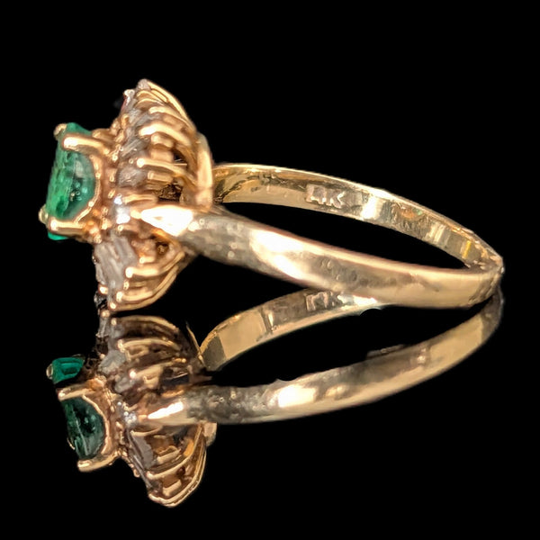 Vintage Emerald Natural Diamonds 14k Yellow Gold Ballerina Ring Baguette & Round