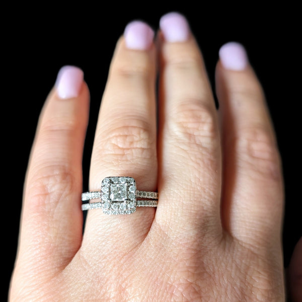 Bridal Set Natural Diamonds 14k White Gold Engagement Ring Wedding Band Estate 