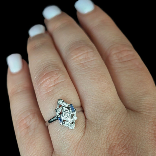 Art Deco Diamonds Lab Sapphires 14k White Gold Platinum Top Ring Vintage