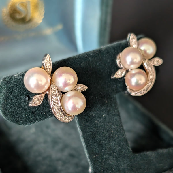 1950s Vintage Diamonds Pearls 14k & 10k White Gold Earrings Retro Clips Estate