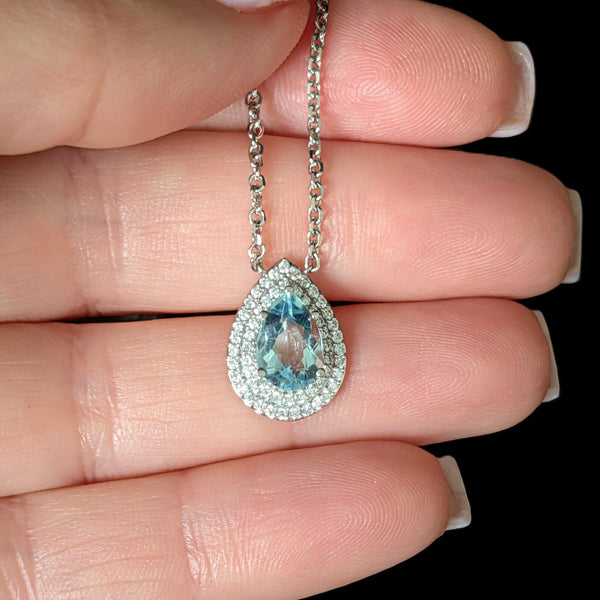 Vintage Pear Cut Aquamarine Diamonds 14k White Gold Necklace Pendant Chain Gift