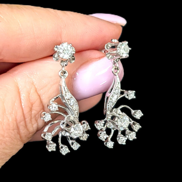 Wolfville - 1950s Vintage Diamonds 14k White Gold Floral Earrings