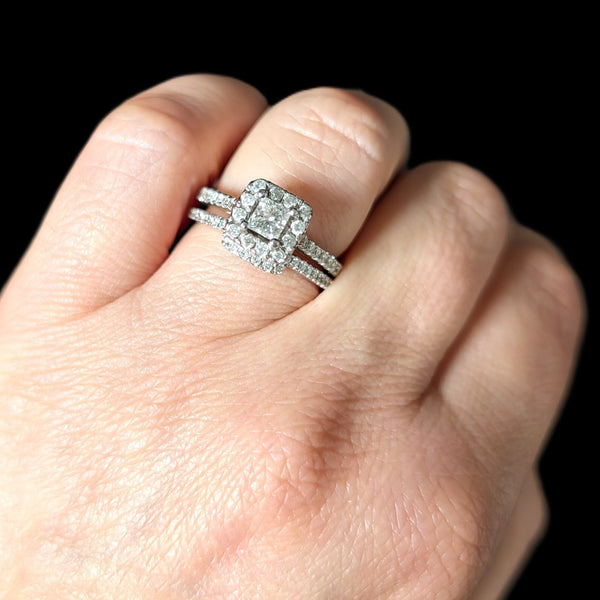 Bridal Set Natural Diamonds 14k White Gold Engagement Ring Wedding Band Estate 