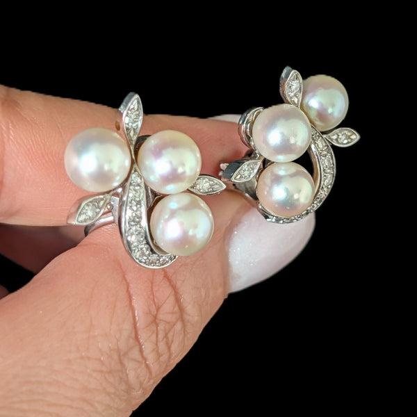 1950s Vintage Diamonds Pearls 14k & 10k White Gold Earrings Retro Clips Estate