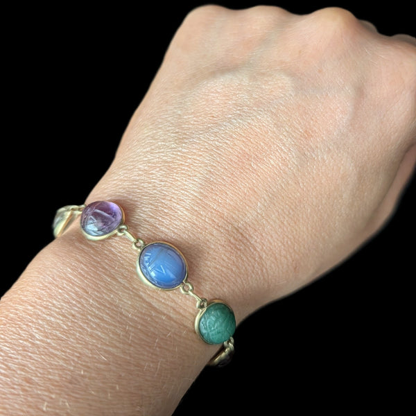 Vintage  Carved Gemstone Scarab Bracelet 14k Yellow Gold Bracelet Talisman Estate 