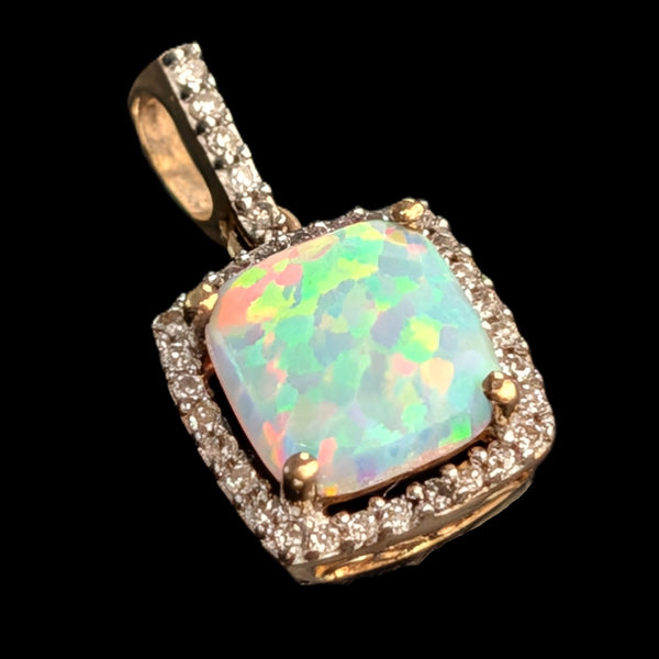 Estate Lab Created Opal Diamonds 10k Yellow Gold Pendant Vintage Gift