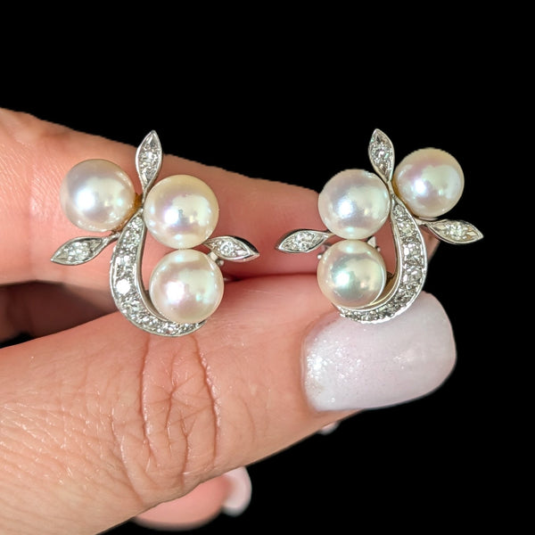 1950s Vintage Diamonds Pearls 14k & 10k White Gold Earrings Retro Clips Estate