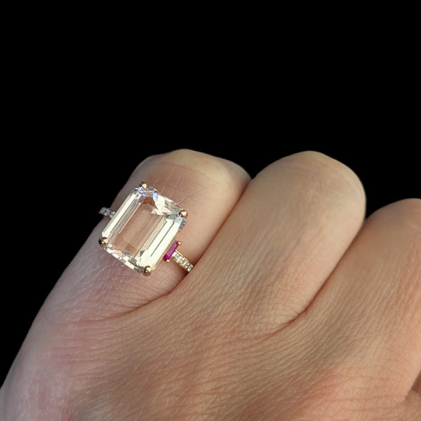 Vintage Pink Morganite Ruby Diamonds 14k Rose Gold Cocktail Ring Estate Gift