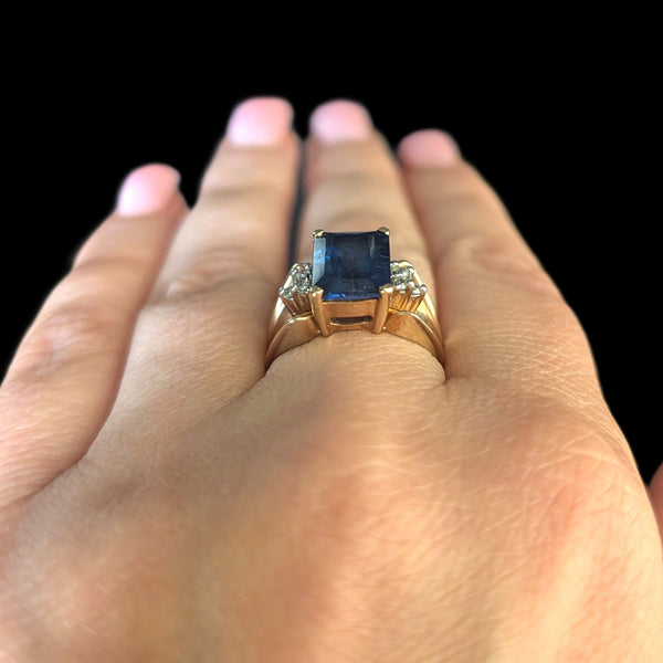 Vintage Lab Created Sapphire Diamonds 10k Yellow Gold Cocktail Ring Emerald Cut Estate